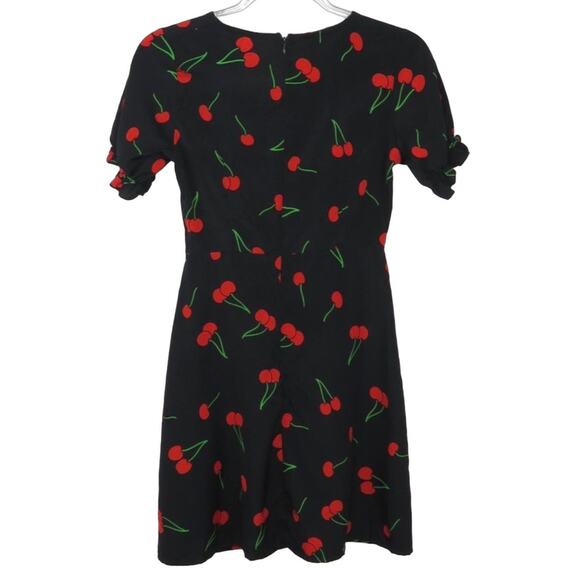 1990s Vintage Black Sweetheart Cherry Pattern A-Line Short Sleeve Mini Dress XS - Picture 2 of 7